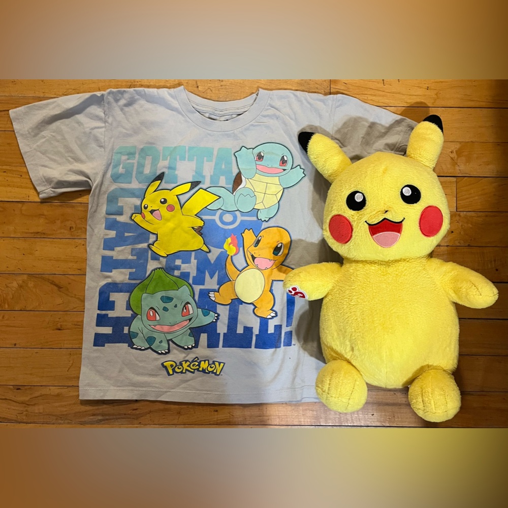 Build A Bear BAB Pokémon Pikachu Plush 17” 2017 Authentic & Pikachu T Shirt (S)